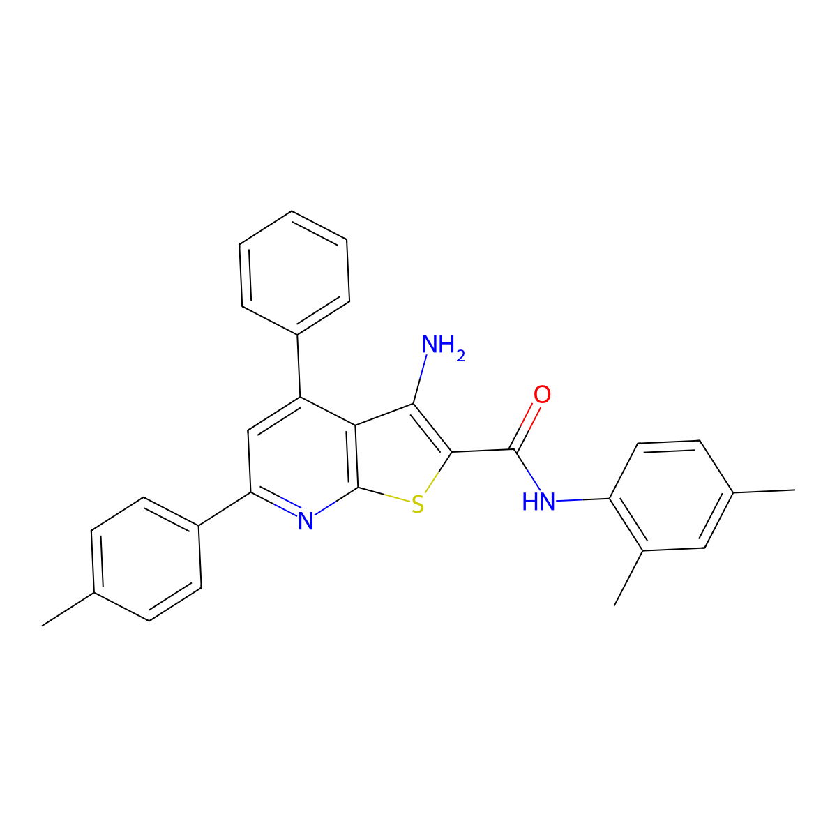 3-amino-N-(2,4-dimethylphenyl)-6-(4-methylphenyl)-4-phenylthieno[2,3-b]pyridine-2-carboxamide molecular structure, CAS 332053-29-9