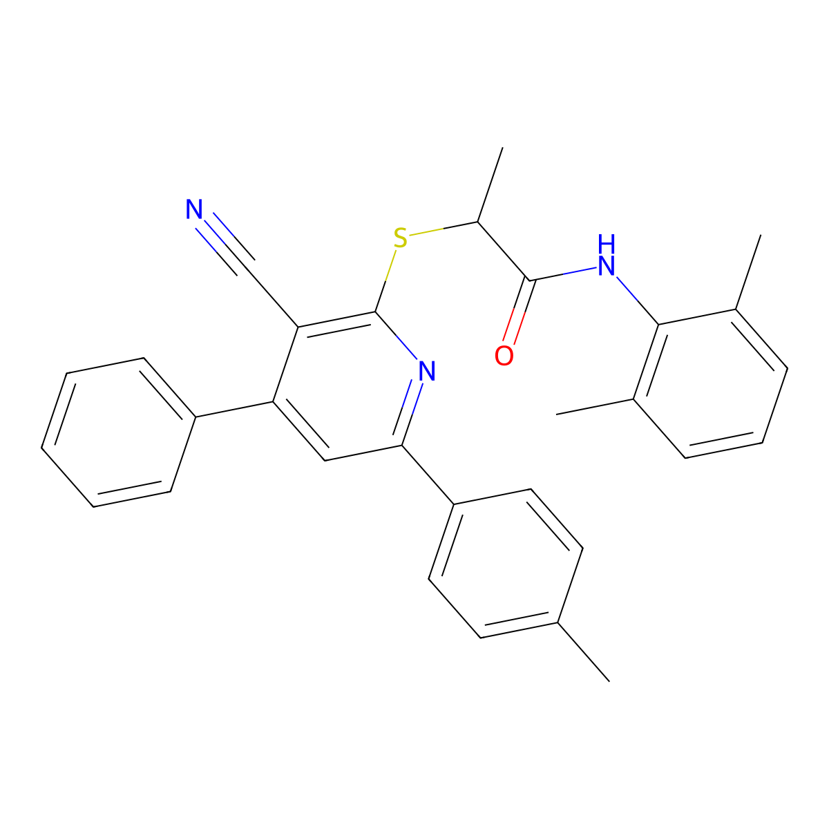 2-((3-Cyano-4-phenyl-6-(p-tolyl)pyridin-2-yl)thio)-N-(2,6-dimethylphenyl)propanamide molecular structure, CAS 332053-31-3
