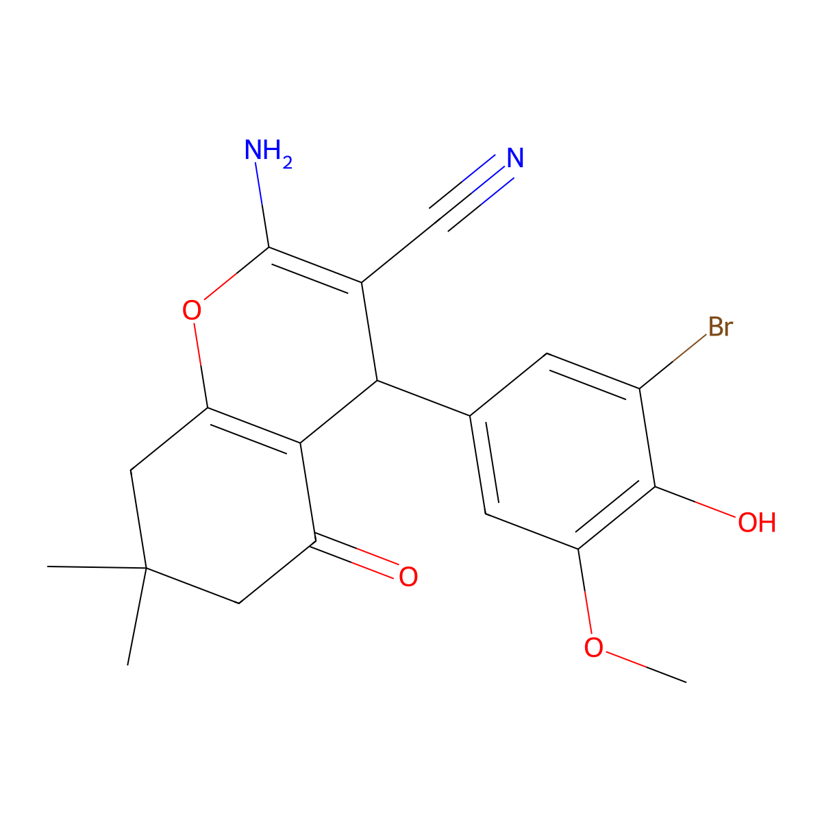 2-Amino-4-(3-bromo-4-hydroxy-5-methoxyphenyl)-7,7-dimethyl-5-oxo-5,6,7,8-tetrahydro-4H-chromene-3-carbonitrile molecular structure, CAS 332053-46-0
