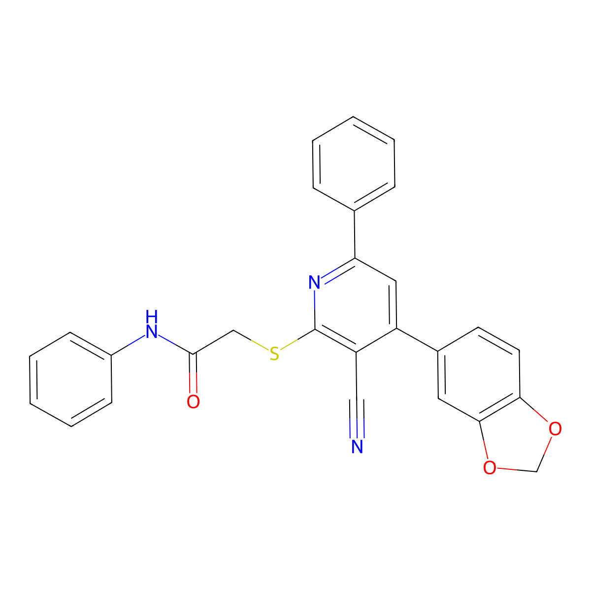 2-((4-(Benzo[d][1,3]dioxol-5-yl)-3-cyano-6-phenylpyridin-2-yl)thio)-N-phenylacetamide molecular structure, CAS 332053-63-1