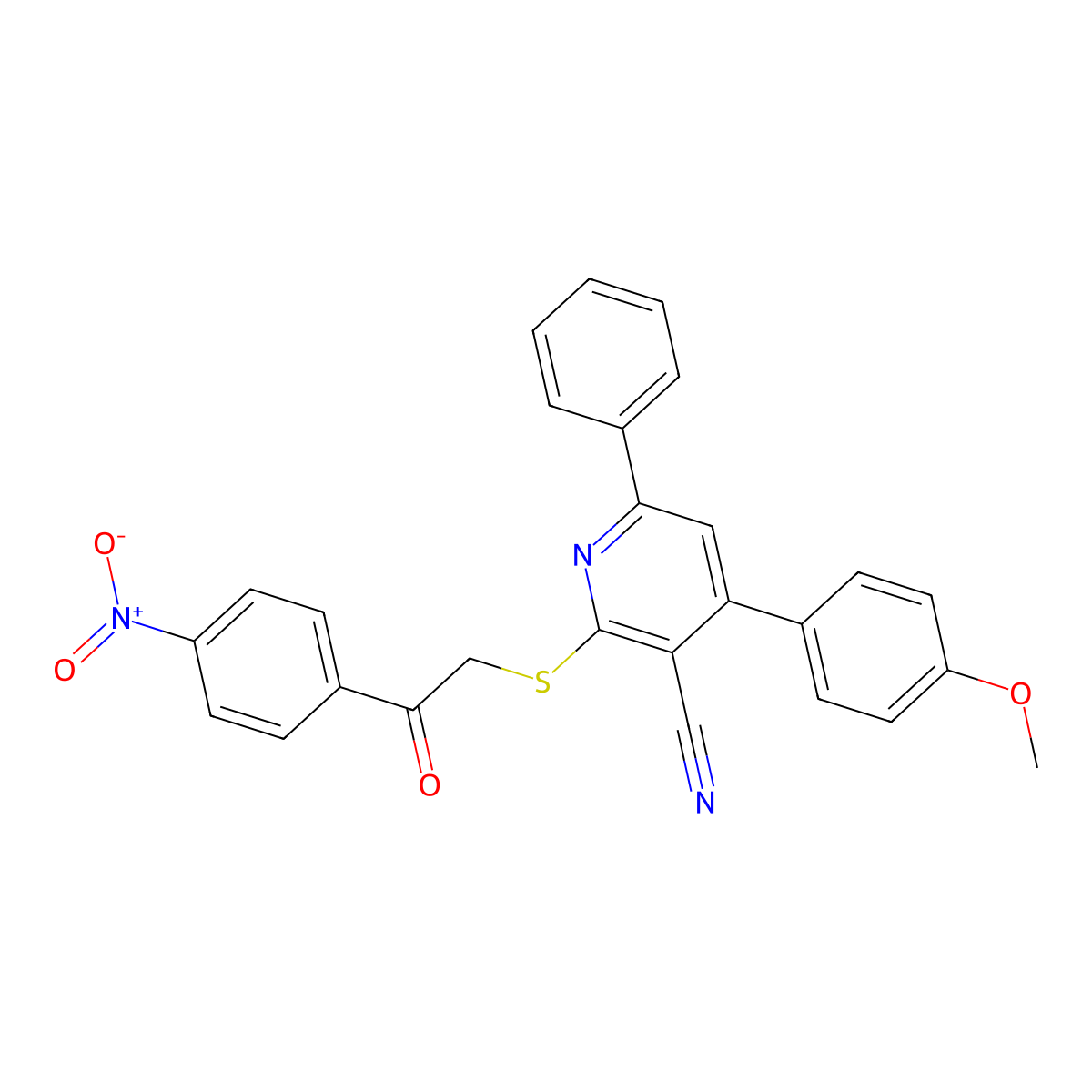 4-(4-Methoxyphenyl)-2-((2-(4-nitrophenyl)-2-oxoethyl)thio)-6-phenylnicotinonitrile molecular structure, CAS 332053-66-4