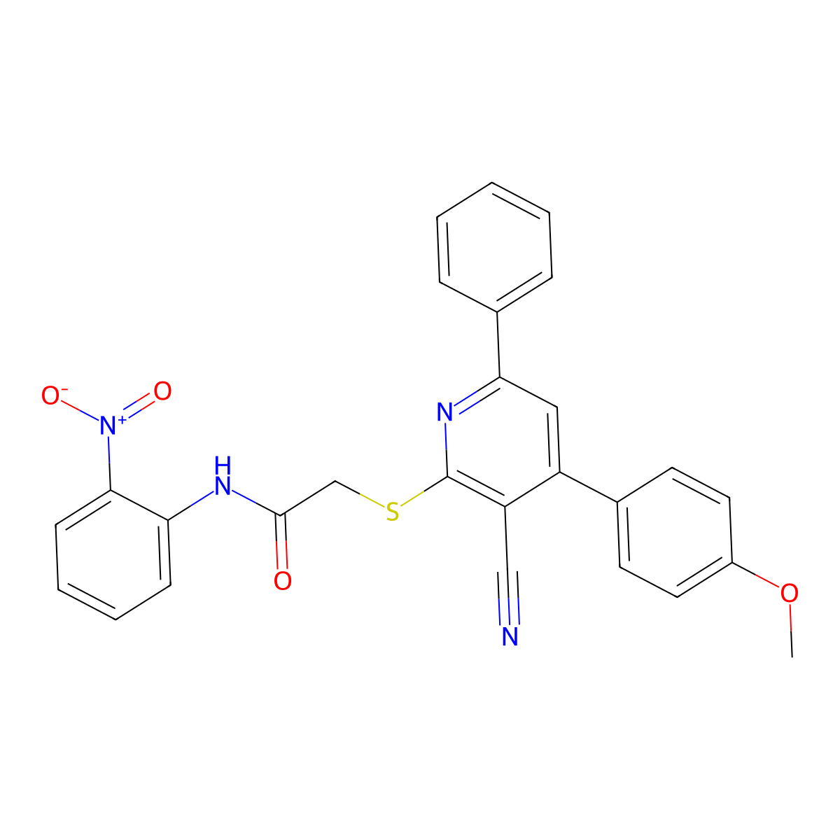 2-((3-Cyano-4-(4-methoxyphenyl)-6-phenylpyridin-2-yl)thio)-N-(2-nitrophenyl)acetamide molecular structure, CAS 332053-80-2