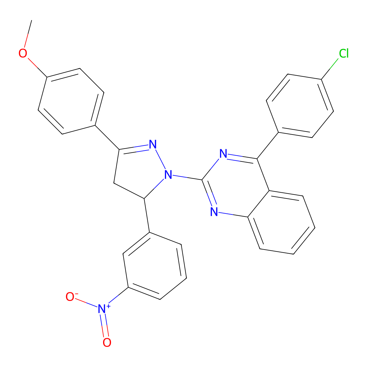 4-(4-chlorophenyl)-2-(3-(4-methoxyphenyl)-5-(3-nitrophenyl)-4,5-dihydro-1H-pyrazol-1-yl)quinazoline molecular structure, CAS 332054-23-6