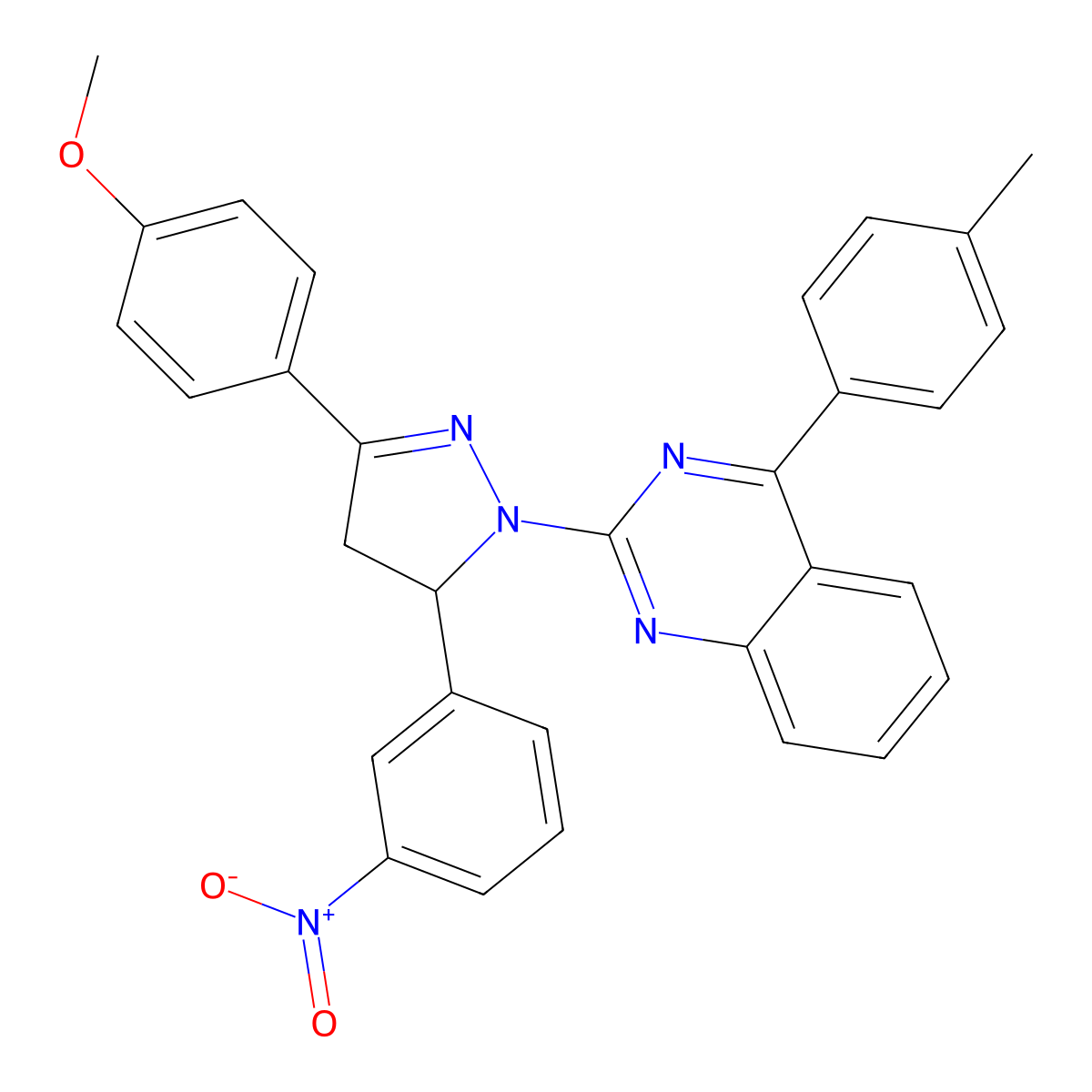 2-(3-(4-methoxyphenyl)-5-(3-nitrophenyl)-4,5-dihydro-1H-pyrazol-1-yl)-4-(p-tolyl)quinazoline molecular structure, CAS 332054-28-1