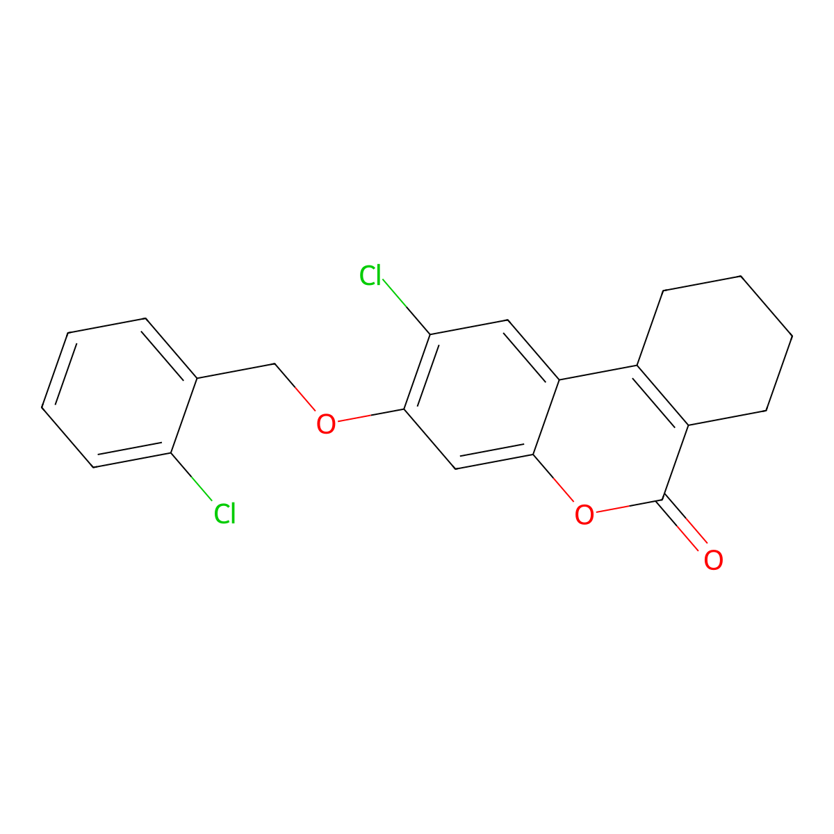 2-Chloro-3-[(2-chlorophenyl)methoxy]-7,8,9,10-tetrahydrobenzo[c]chromen-6-one molecular structure, CAS 332055-27-3