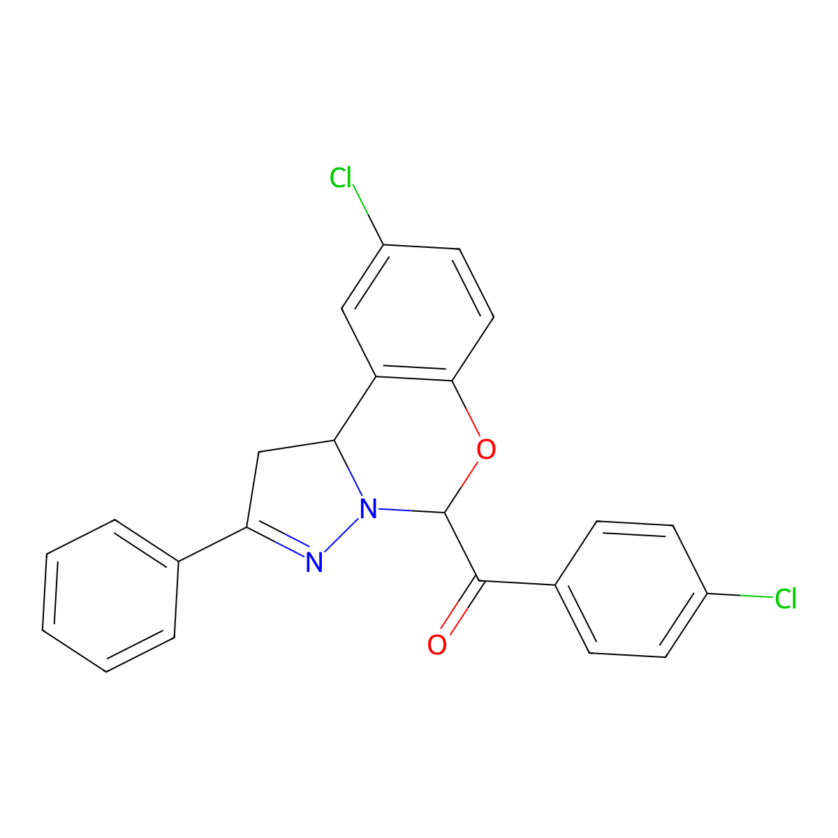 (4-Chlorophenyl)(9-chloro-2-phenyl-1,10b-dihydropyrazolo[1,5-c][1,3]benzoxazin-5-yl)methanone molecular structure, CAS 332059-94-6