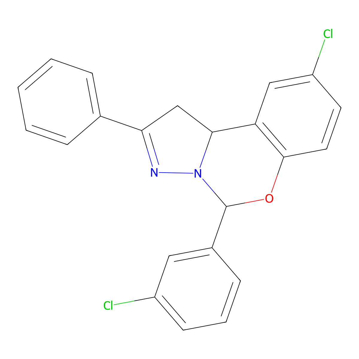 9-Chloro-5-(3-chlorophenyl)-2-phenyl-1,10b-dihydropyrazolo[1,5-c][1,3]benzoxazine molecular structure, CAS 332060-00-1