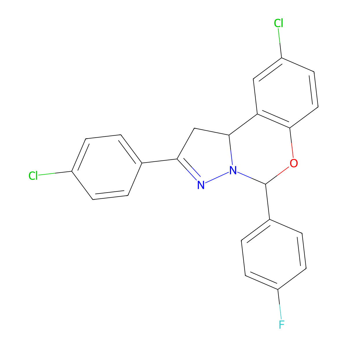 9-Chloro-2-(4-chlorophenyl)-5-(4-fluorophenyl)-1,10b-dihydropyrazolo[1,5-c][1,3]benzoxazine molecular structure, CAS 332060-54-5
