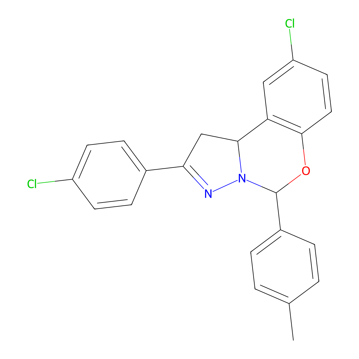 9-Chloro-2-(4-chlorophenyl)-5-(4-methylphenyl)-1,10b-dihydropyrazolo[1,5-c][1,3]benzoxazine molecular structure, CAS 332060-58-9