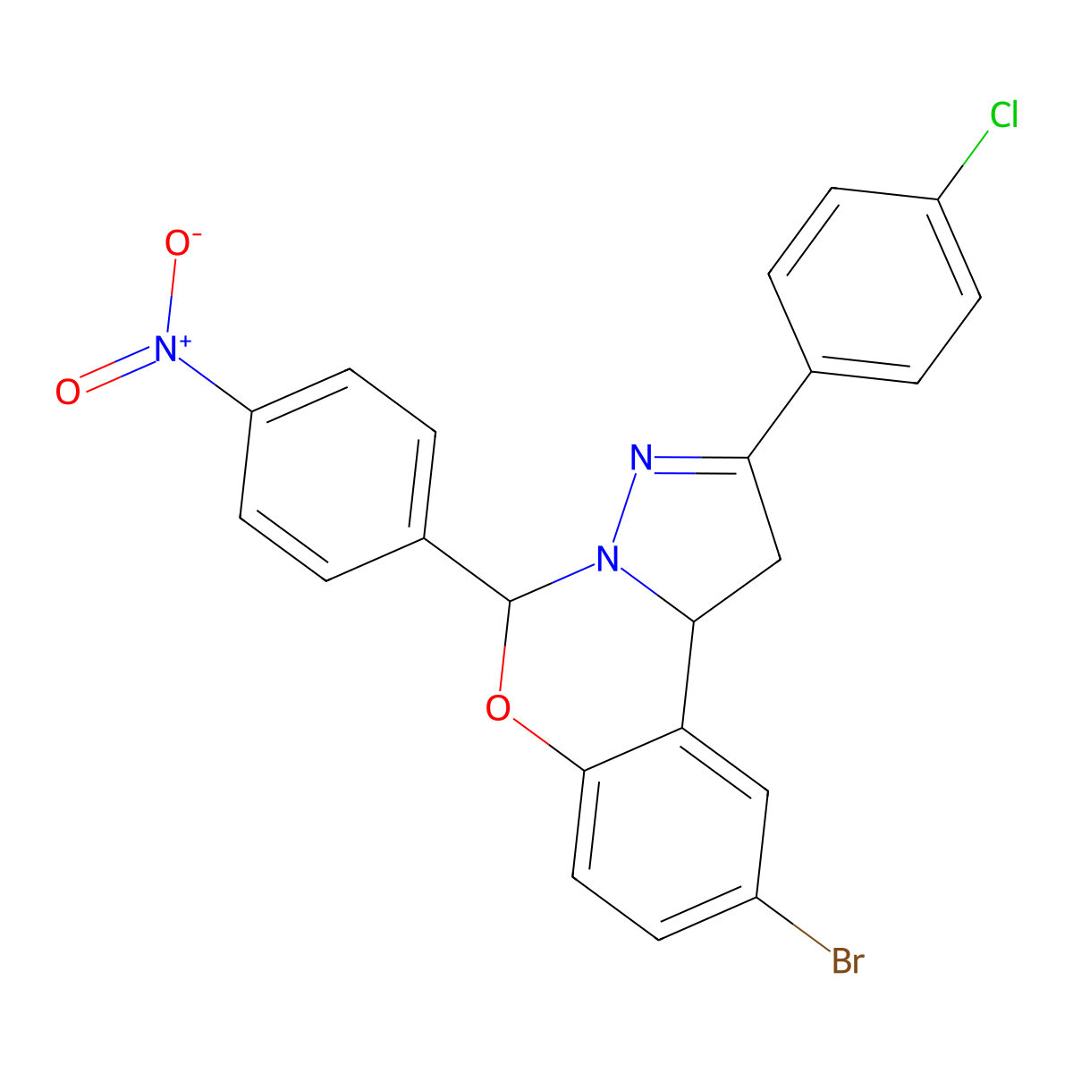 9-Bromo-2-(4-chlorophenyl)-5-{4-nitrophenyl}-1,10b-dihydropyrazolo[1,5-c][1,3]benzoxazine molecular structure, CAS 332060-86-3