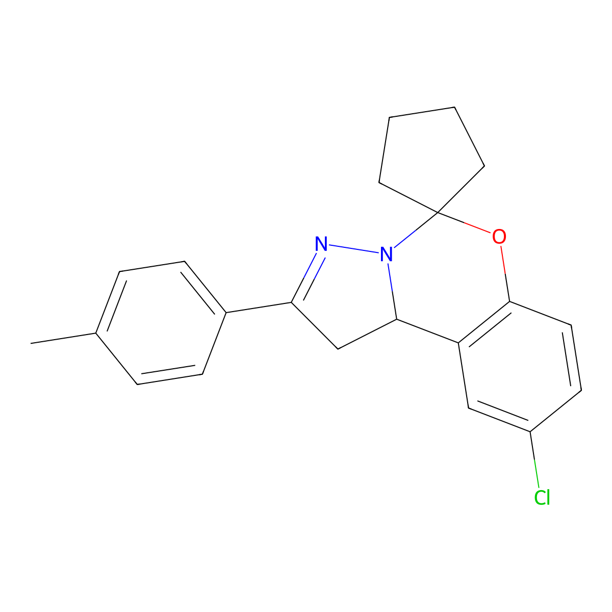 2-chloro-9-(4-methylphenyl)spiro[10aH-benzo[e]2-pyrazolino[1,5-c]1,3-oxazine-6,1'-cyclopentane] molecular structure, CAS 332061-13-9