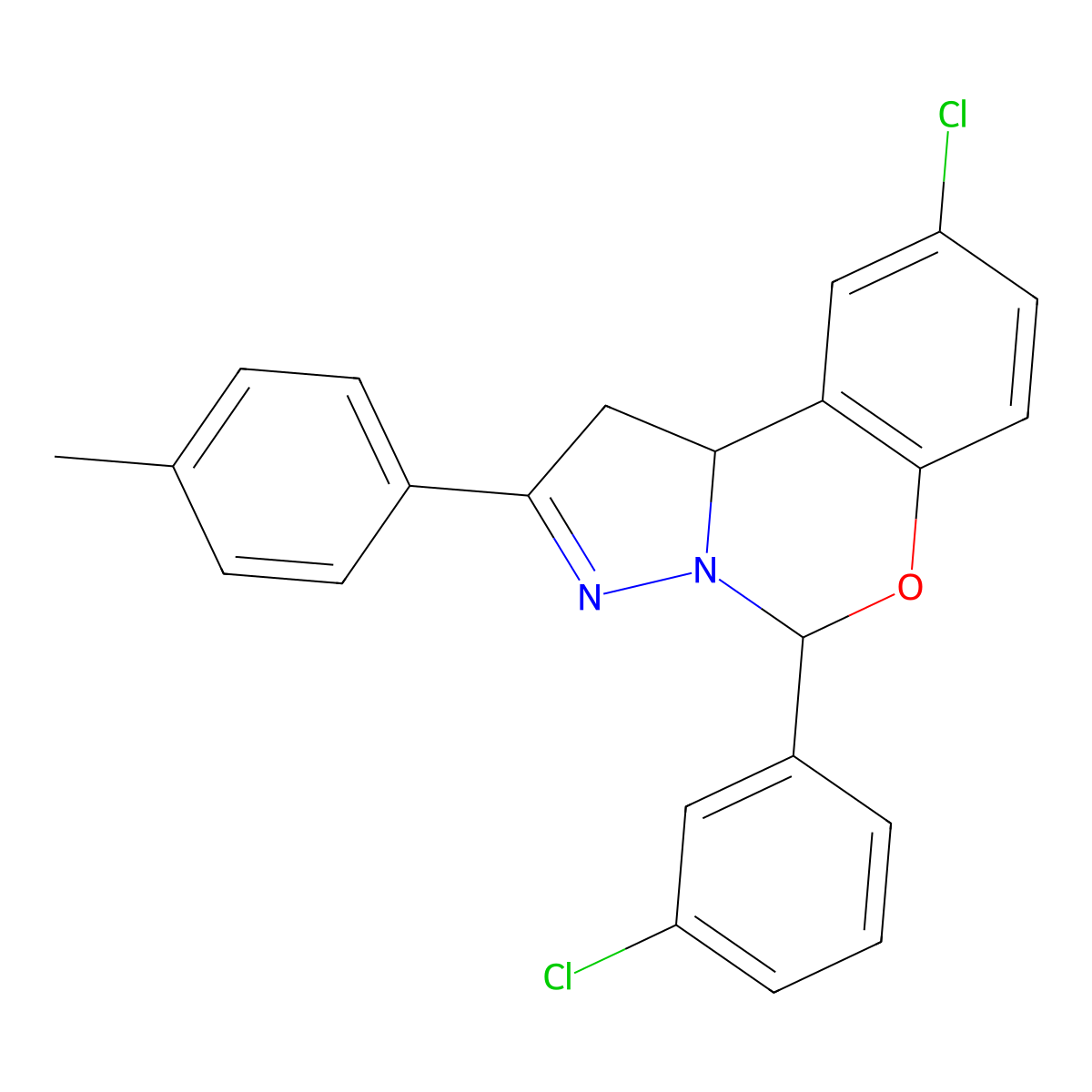 9-Chloro-5-(3-chlorophenyl)-2-(4-methylphenyl)-1,10b-dihydropyrazolo[1,5-c][1,3]benzoxazine molecular structure, CAS 332061-22-0
