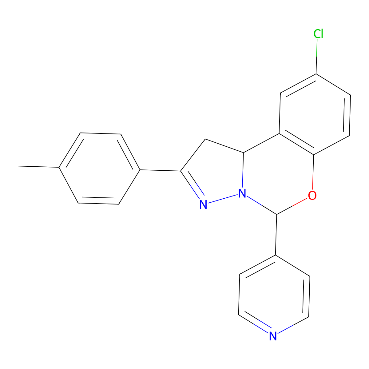 9-Chloro-2-(4-methylphenyl)-5-(pyridin-4-yl)-1,10b-dihydropyrazolo[1,5-c][1,3]benzoxazine molecular structure, CAS 332061-29-7