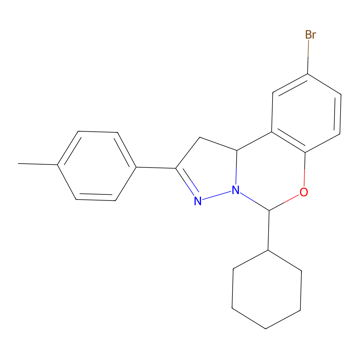 9-Bromo-5-cyclohexyl-2-(4-methylphenyl)-1,10b-dihydropyrazolo[1,5-c][1,3]benzoxazine molecular structure, CAS 332061-40-2