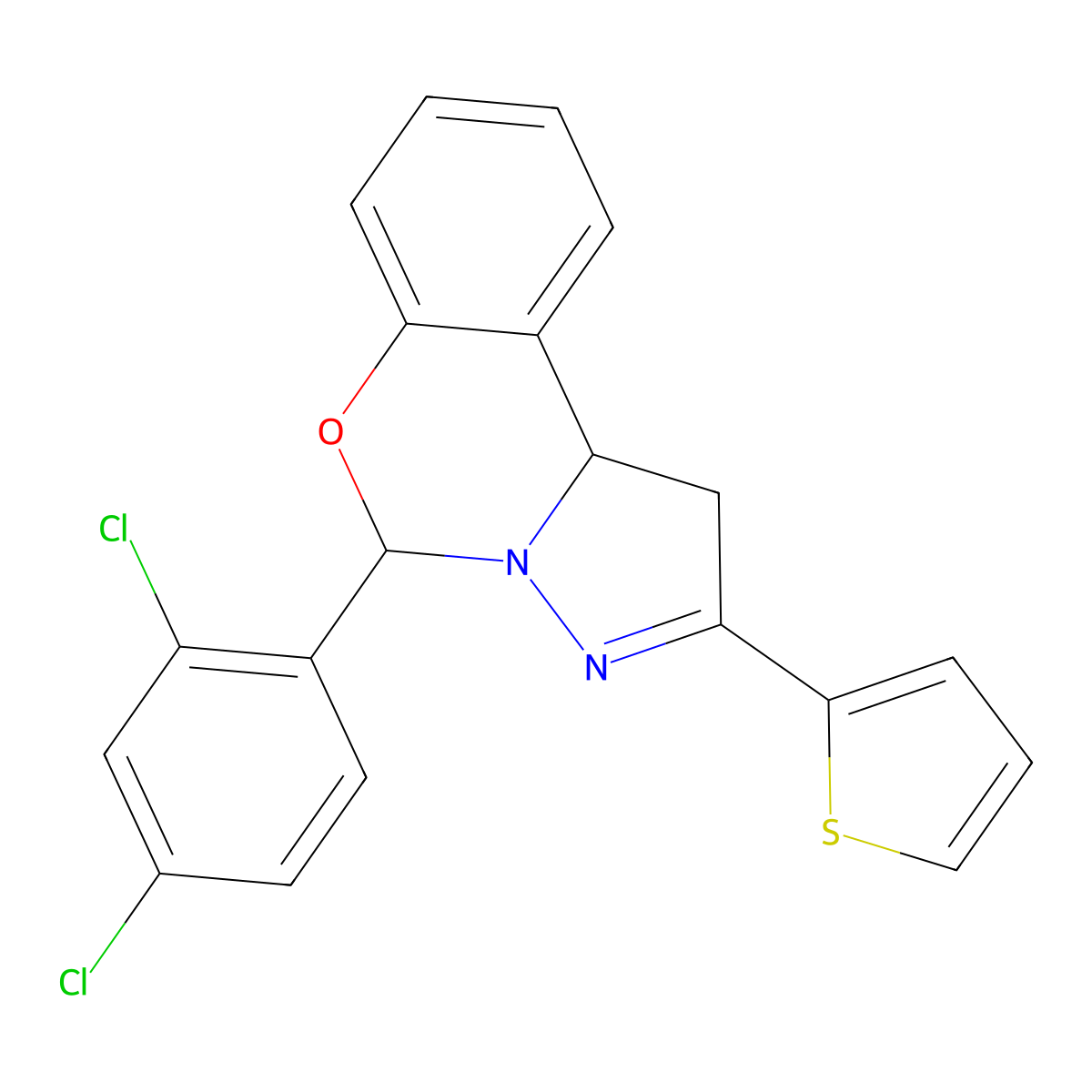 5-(2,4-Dichlorophenyl)-2-(thiophen-2-yl)-1,10b-dihydropyrazolo[1,5-c][1,3]benzoxazine molecular structure, CAS 332062-56-3