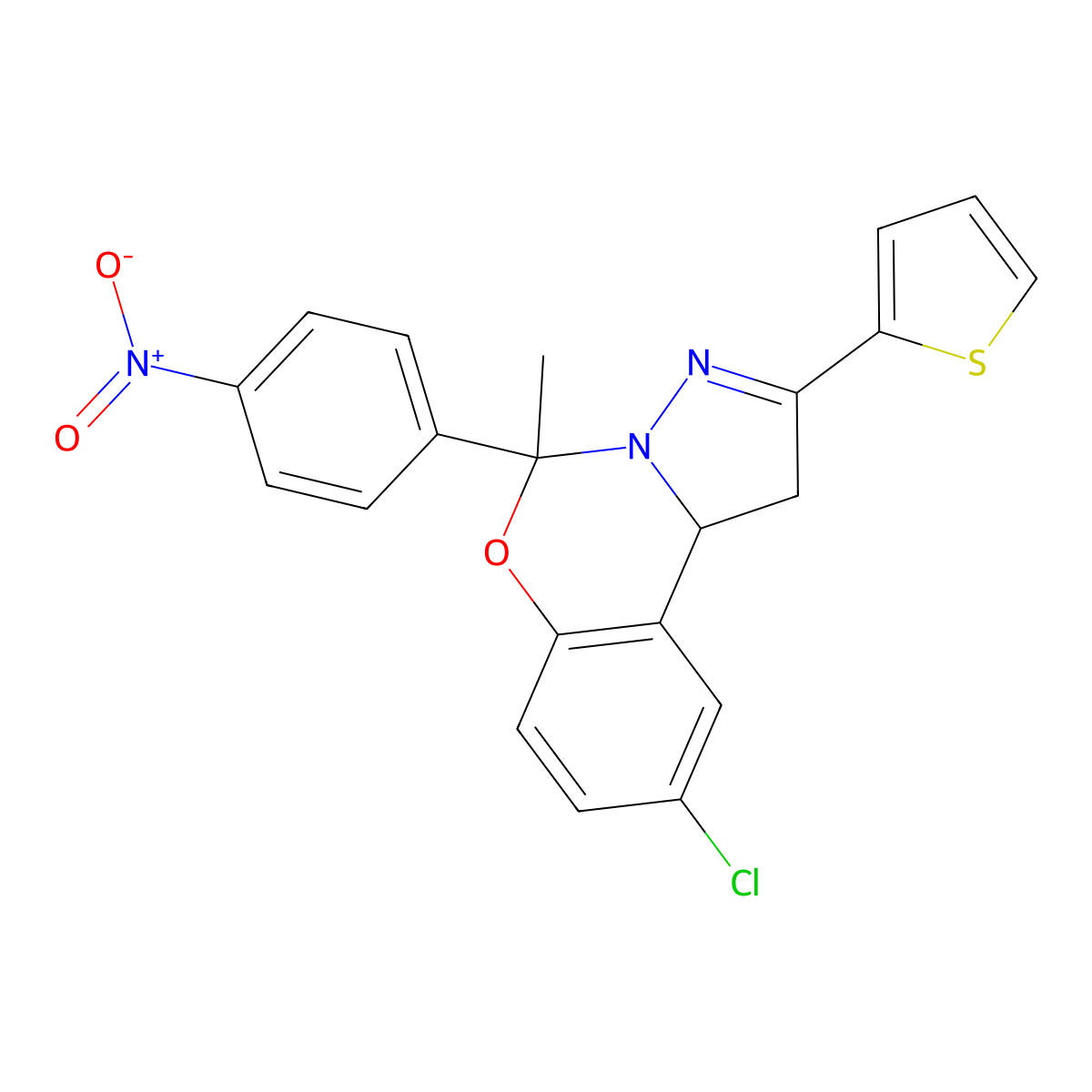 9-CL-5-ME-5(4-Nitro-PH)2(2-thienyl)-1,10B-dihydropyrazolo(1,5-C)(1,3)benzoxazine molecular structure, CAS 332062-69-8