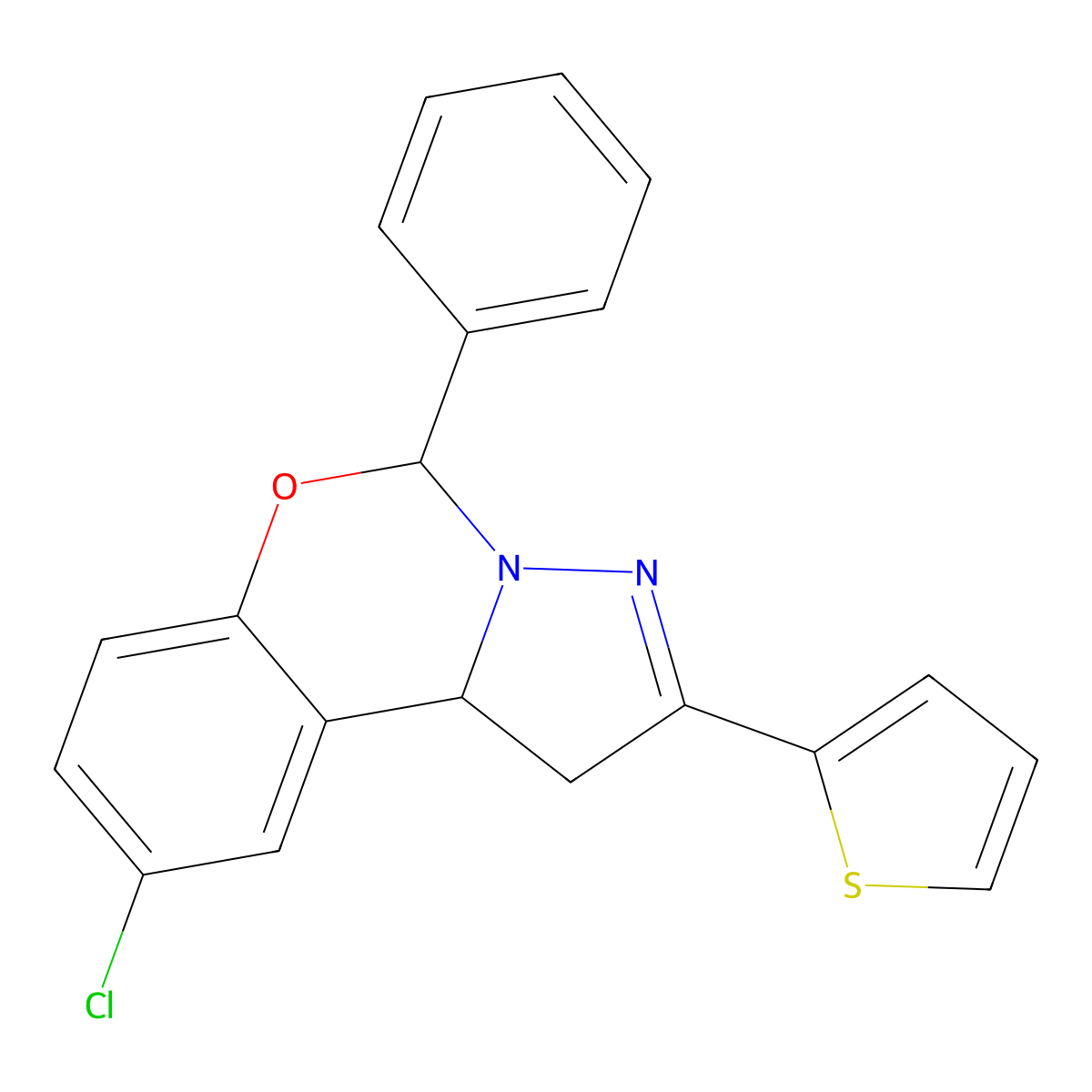9-Chloro-5-phenyl-2-(2-thienyl)-1,10b-dihydropyrazolo[1,5-c][1,3]benzoxazine molecular structure, CAS 332062-76-7