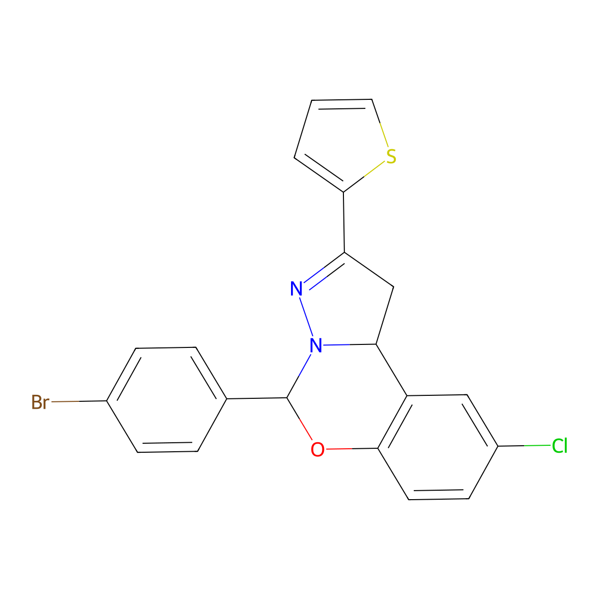 5-(4-Bromophenyl)-9-chloro-2-(2-thienyl)-1,10b-dihydropyrazolo[1,5-c][1,3]benzoxazine molecular structure, CAS 332062-80-3