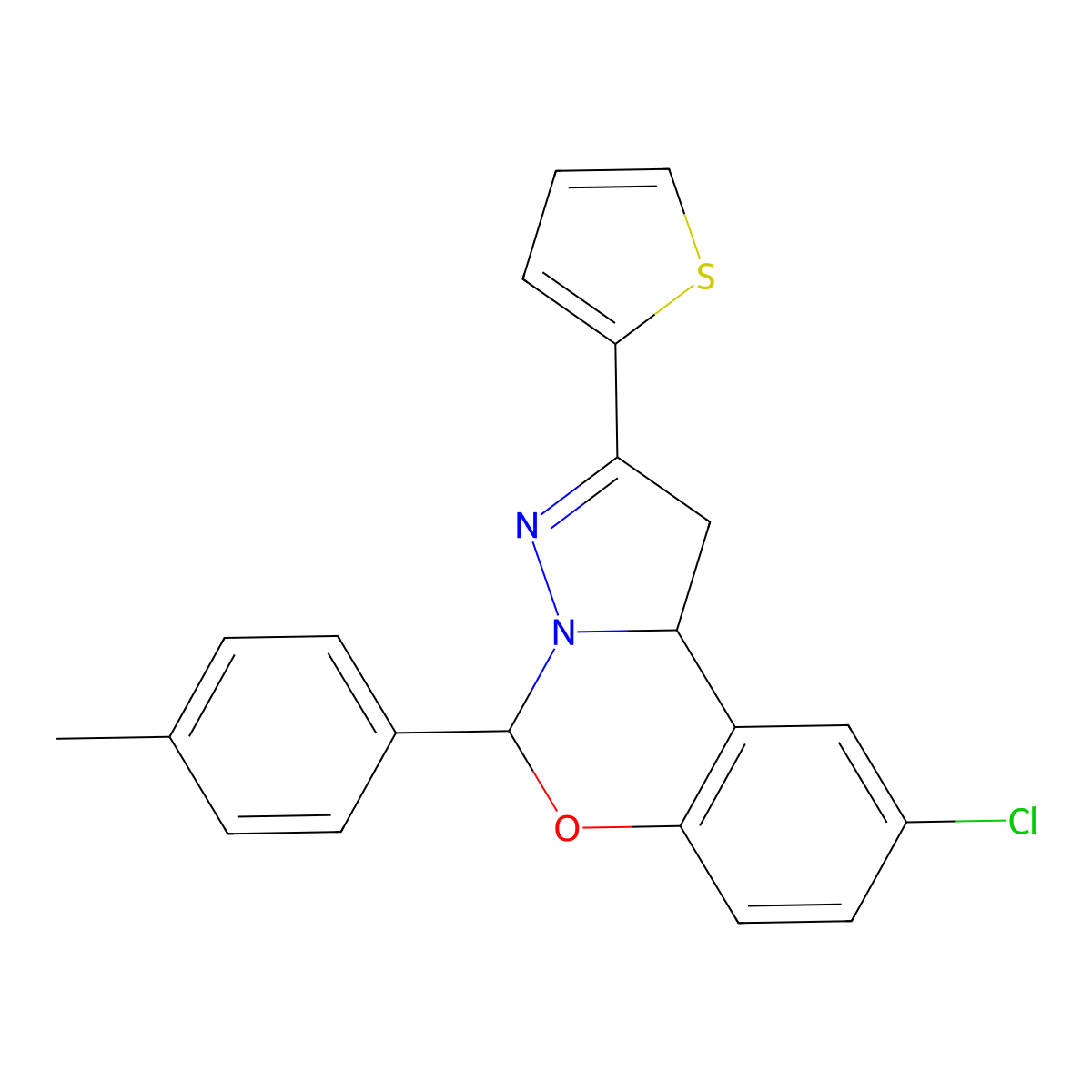 9-chloro-5-(4-methylphenyl)-2-thiophen-2-yl-5,10b-dihydro-1H-pyrazolo[1,5-c][1,3]benzoxazine molecular structure, CAS 332062-81-4