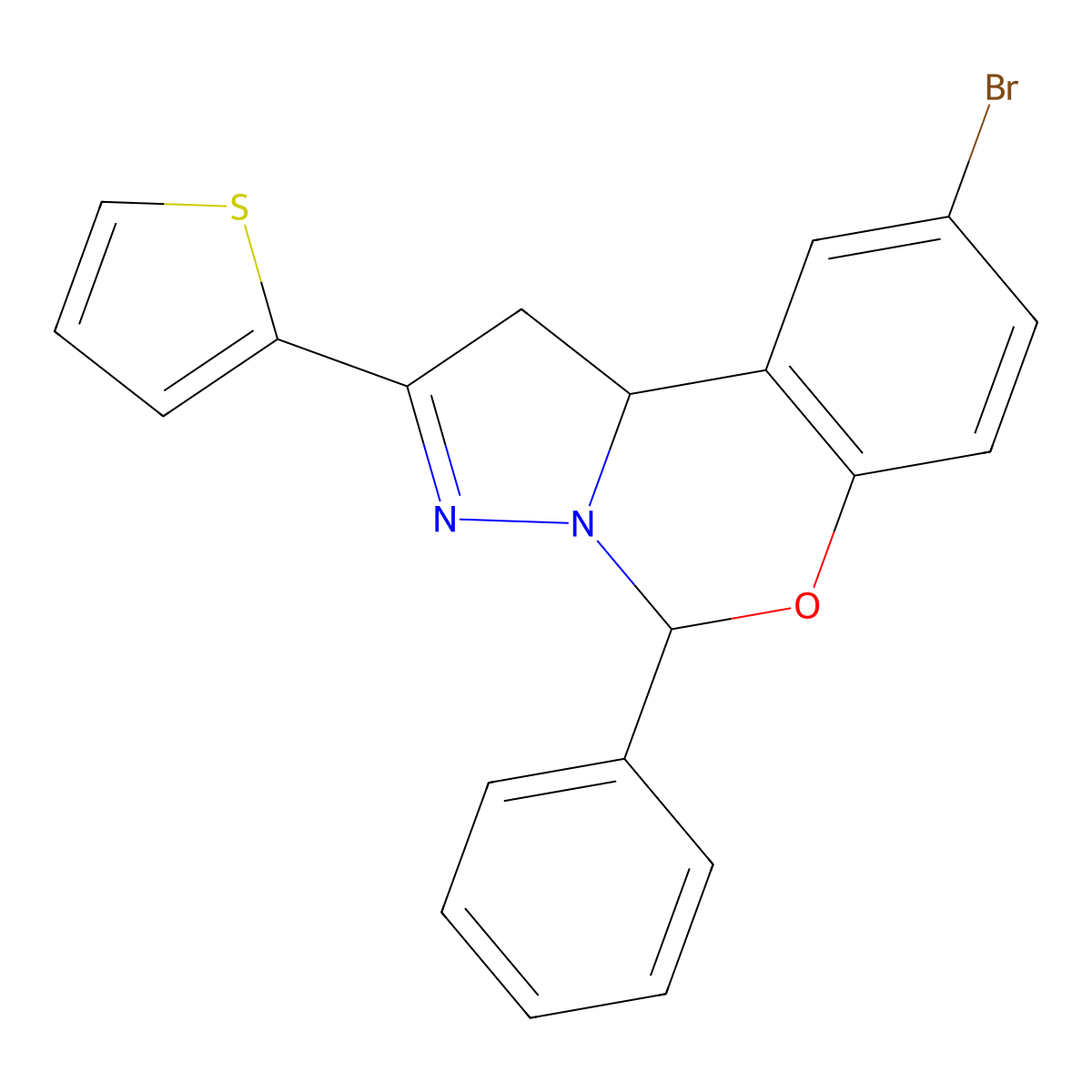 9-bromo-5-phenyl-2-thiophen-2-yl-5,10b-dihydro-1H-pyrazolo[1,5-c][1,3]benzoxazine molecular structure, CAS 332063-05-5