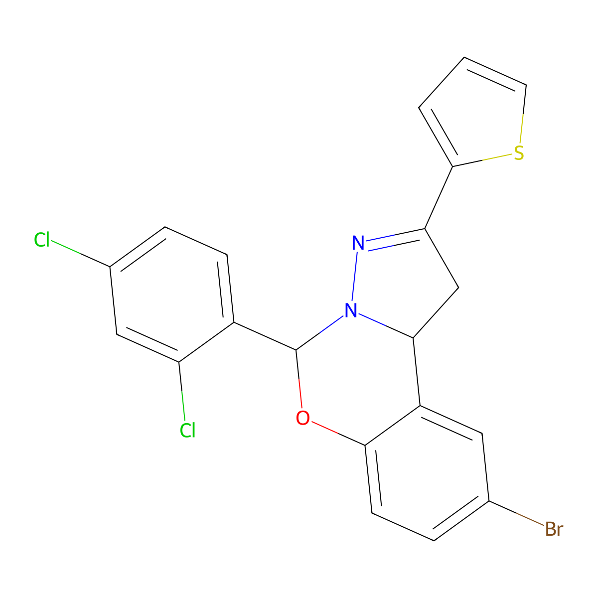 9-bromo-5-(2,4-dichlorophenyl)-2-thiophen-2-yl-5,10b-dihydro-1H-pyrazolo[1,5-c][1,3]benzoxazine molecular structure, CAS 332063-12-4