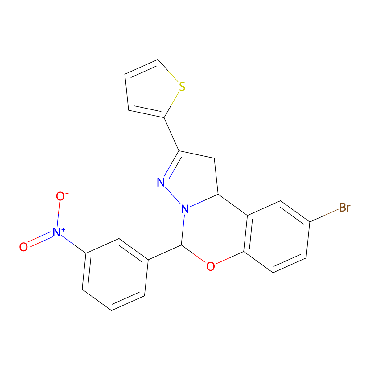 9-bromo-5-(3-nitrophenyl)-2-thiophen-2-yl-5,10b-dihydro-1H-pyrazolo[1,5-c][1,3]benzoxazine molecular structure, CAS 332063-19-1