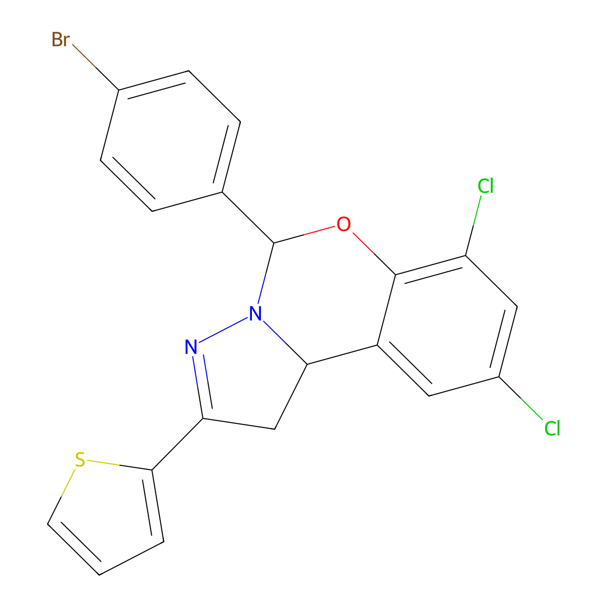 5-(4-Bromophenyl)-7,9-dichloro-2-thien-2-yl-1,10b-dihydropyrazolo[1,5-c][1,3]benzoxazine molecular structure, CAS 332063-22-6