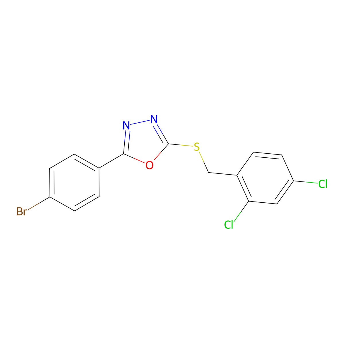 2-(4-Bromophenyl)-5-[(2,4-dichlorophenyl)methylsulfanyl]-1,3,4-oxadiazole molecular structure, CAS 332063-36-2