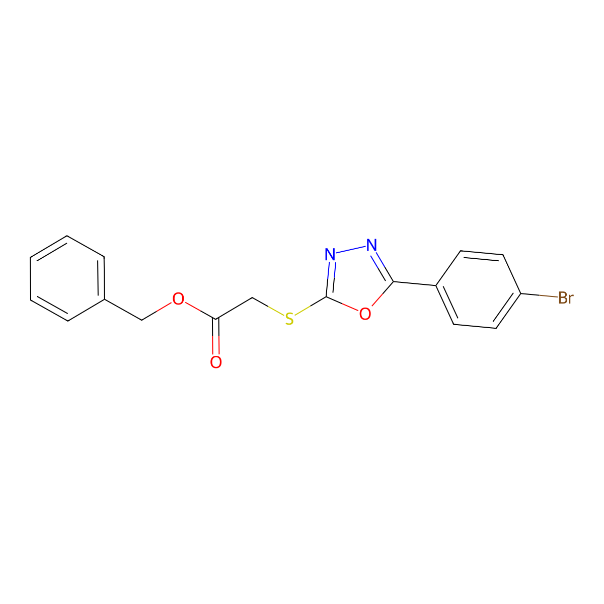 Phenylmethyl {[5-(4-bromophenyl)-1,3,4-oxadiazol-2-yl]sulfanyl}acetate molecular structure, CAS 332063-41-9
