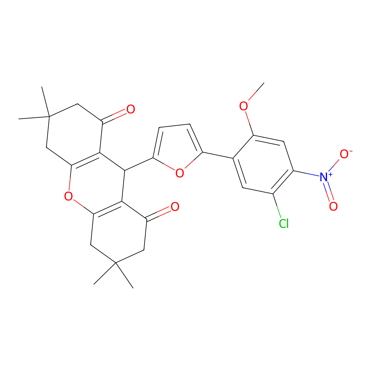 9-[5-(5-chloro-2-methoxy-4-nitrophenyl)furan-2-yl]-3,3,6,6-tetramethyl-4,5,7,9-tetrahydro-2H-xanthene-1,8-dione molecular structure, CAS 332064-76-3