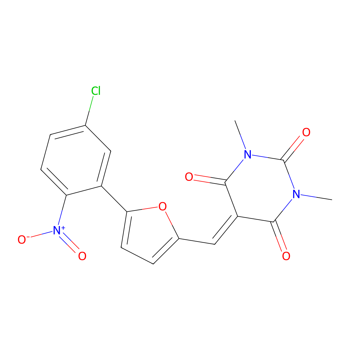 5-[[5-(5-Chloro-2-nitrophenyl)-2-furanyl]methylene]-1,3-dimethyl-2,4,6(1H,3H,5H)-pyrimidinetrione molecular structure, CAS 332064-88-7