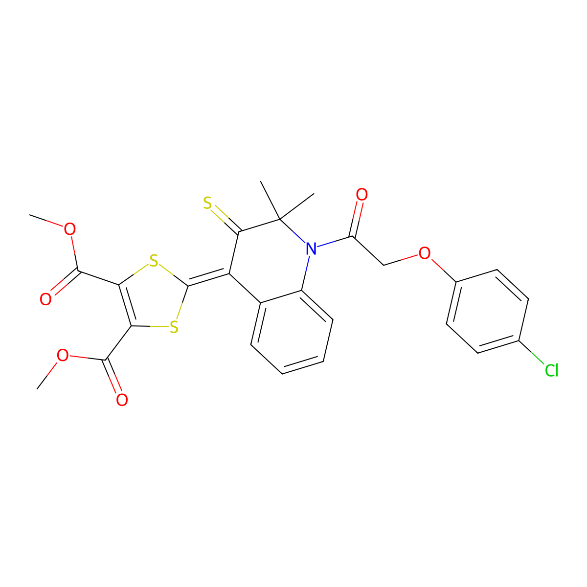 dimethyl 2-(1-[(4-chlorophenoxy)acetyl]-2,2-dimethyl-3-thioxo-2,3-dihydro-4(1H)-quinolinylidene)-1,3-dithiole-4,5-dicarboxylate molecular structure, CAS 332073-92-4