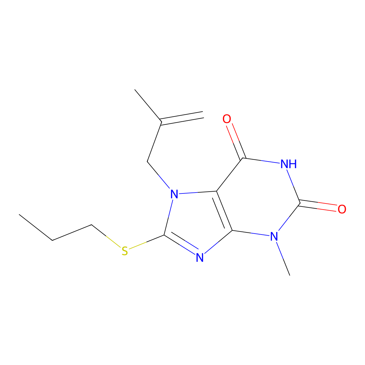3-methyl-7-(2-methylprop-2-en-1-yl)-8-(propylsulfanyl)-2,3,6,7-tetrahydro-1H-purine-2,6-dione molecular structure, CAS 332098-51-8