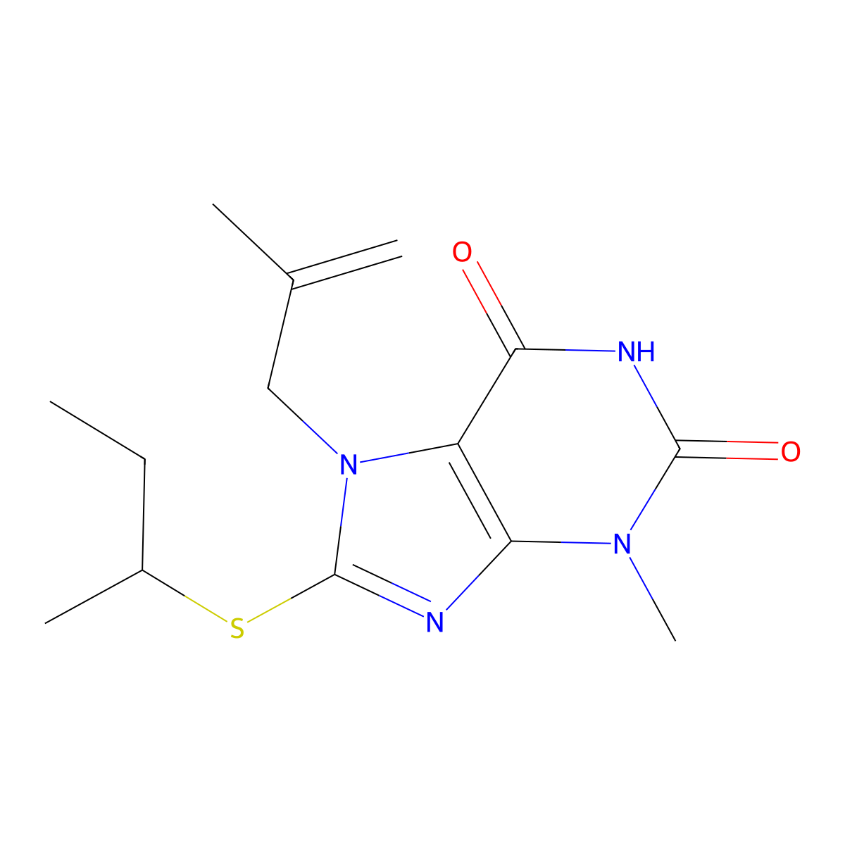 8-(butan-2-ylsulfanyl)-3-methyl-7-(2-methylprop-2-en-1-yl)-2,3,6,7-tetrahydro-1H-purine-2,6-dione molecular structure, CAS 332098-56-3