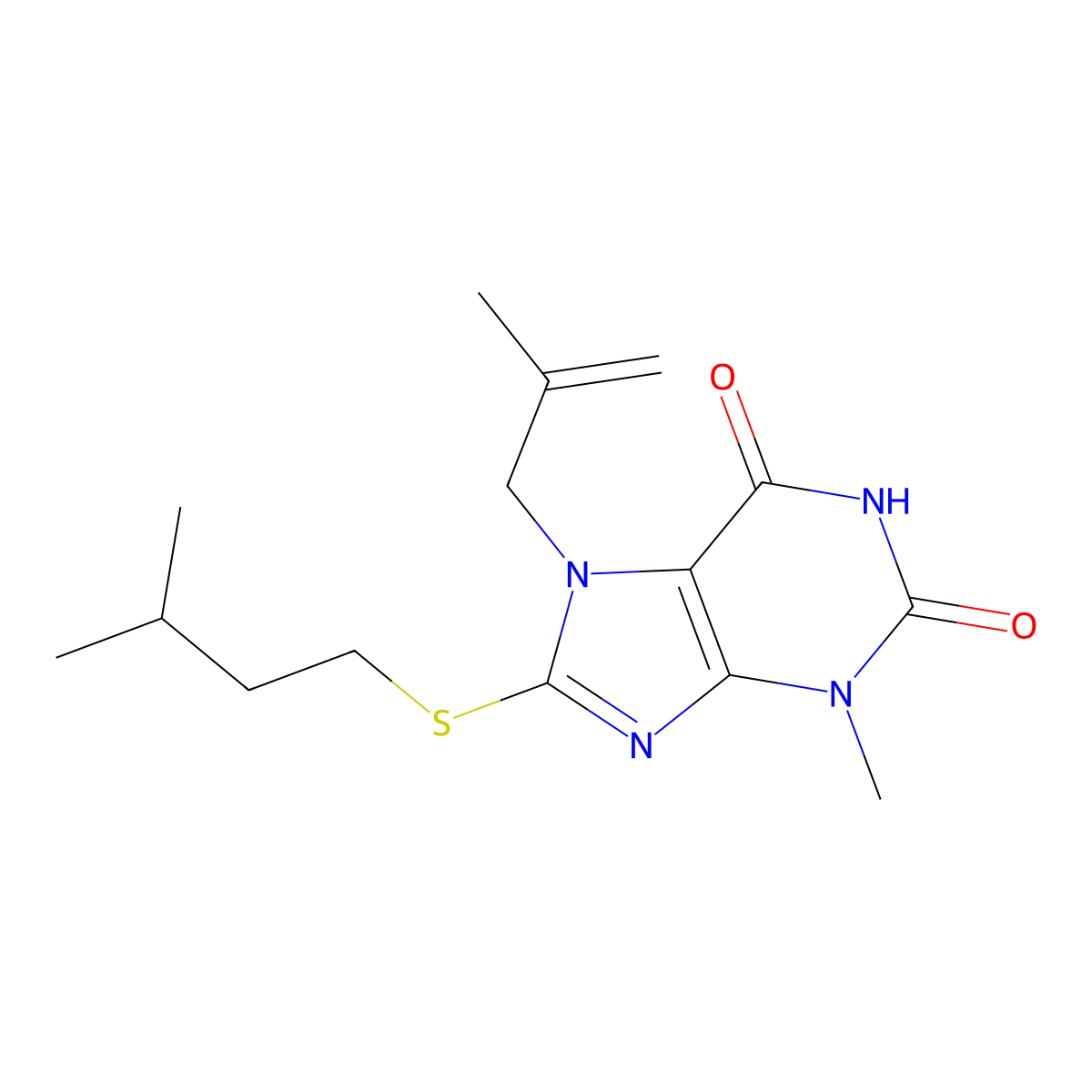 8-(isopentylsulfanyl)-3-methyl-7-(2-methyl-2-propenyl)-3,7-dihydro-1H-purine-2,6-dione molecular structure, CAS 332098-60-9