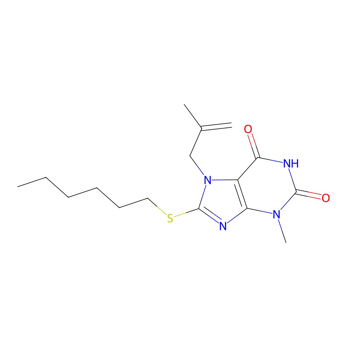 8-Hexylsulfanyl-3-methyl-7-(2-methyl-allyl)-3,7-dihydro-purine-2,6-dione molecular structure, CAS 332098-62-1