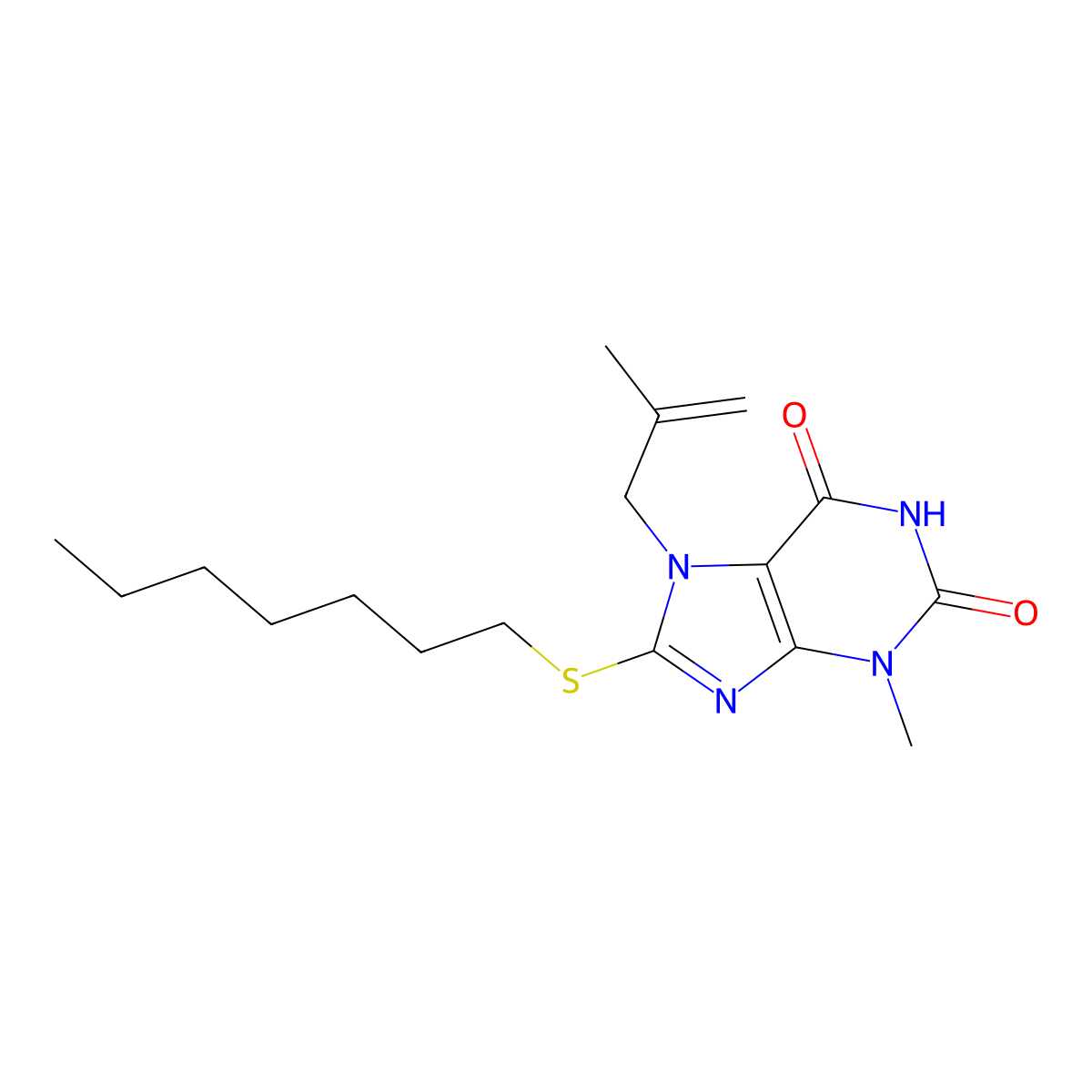 8-Heptylsulfanyl-3-methyl-7-(2-methyl-allyl)-3,7-dihydro-purine-2,6-dione molecular structure, CAS 332098-64-3