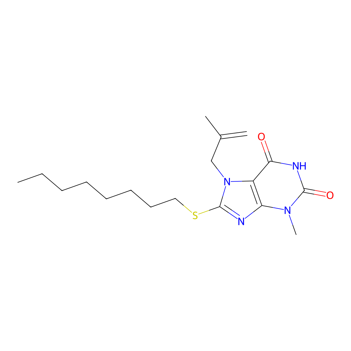 3-Methyl-7-(2-methyl-allyl)-8-octylsulfanyl-3,7-dihydro-purine-2,6-dione molecular structure, CAS 332098-66-5