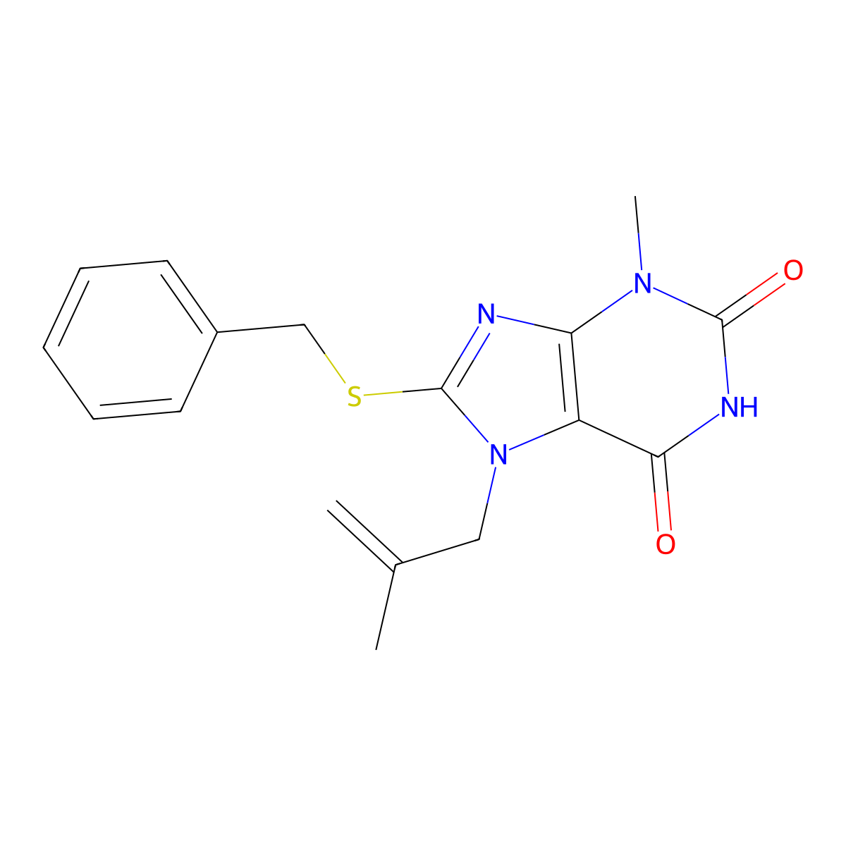 8-Benzylsulfanyl-3-methyl-7-(2-methyl-allyl)-3,7-dihydro-purine-2,6-dione molecular structure, CAS 332098-68-7