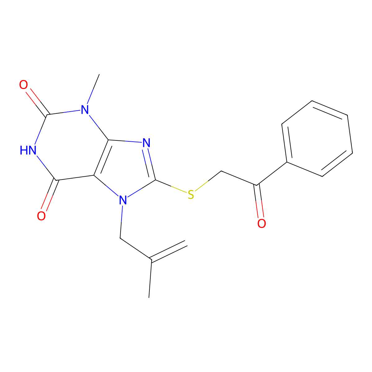 3-Methyl-7-(2-methylprop-2-enyl)-8-phenacylsulfanylpurine-2,6-dione molecular structure, CAS 332098-74-5