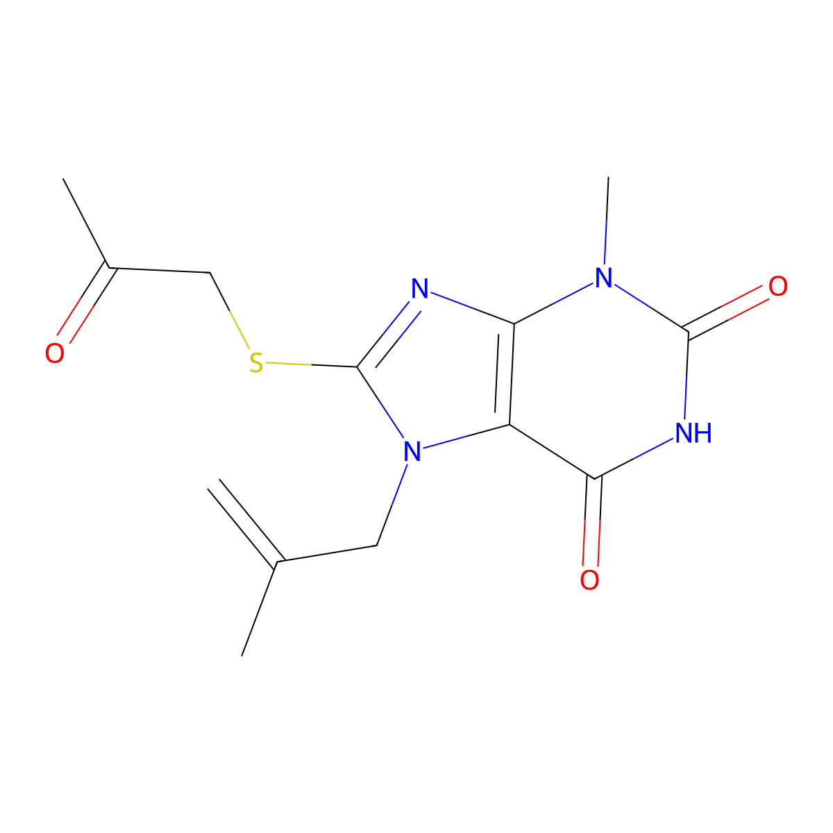 3-Methyl-7-(2-methylprop-2-enyl)-8-(2-oxopropylsulfanyl)purine-2,6-dione molecular structure, CAS 332098-76-7