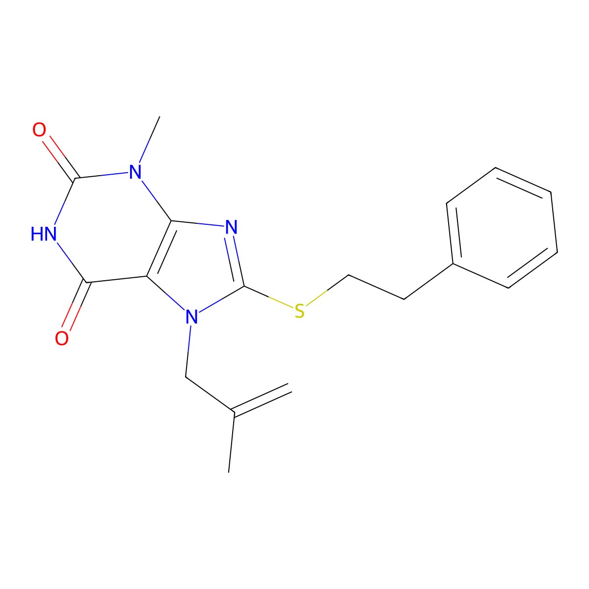 3-methyl-7-(2-methylprop-2-en-1-yl)-8-[(2-phenylethyl)sulfanyl]-3,7-dihydro-1H-purine-2,6-dione molecular structure, CAS 332098-78-9
