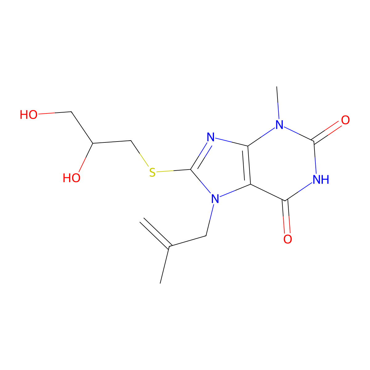 8-((2,3-dihydroxypropyl)thio)-3-methyl-7-(2-methylallyl)-1H-purine-2,6(3H,7H)-dione molecular structure, CAS 332098-84-7