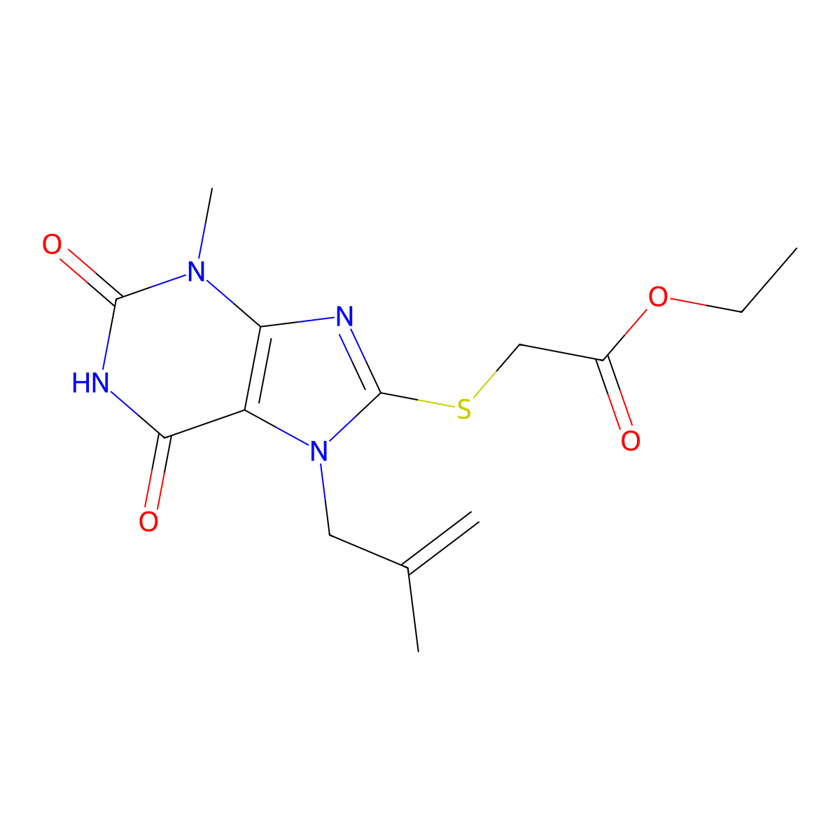 ethyl 2-((3-methyl-7-(2-methylallyl)-2,6-dioxo-2,3,6,7-tetrahydro-1H-purin-8-yl)thio)acetate molecular structure, CAS 332098-86-9