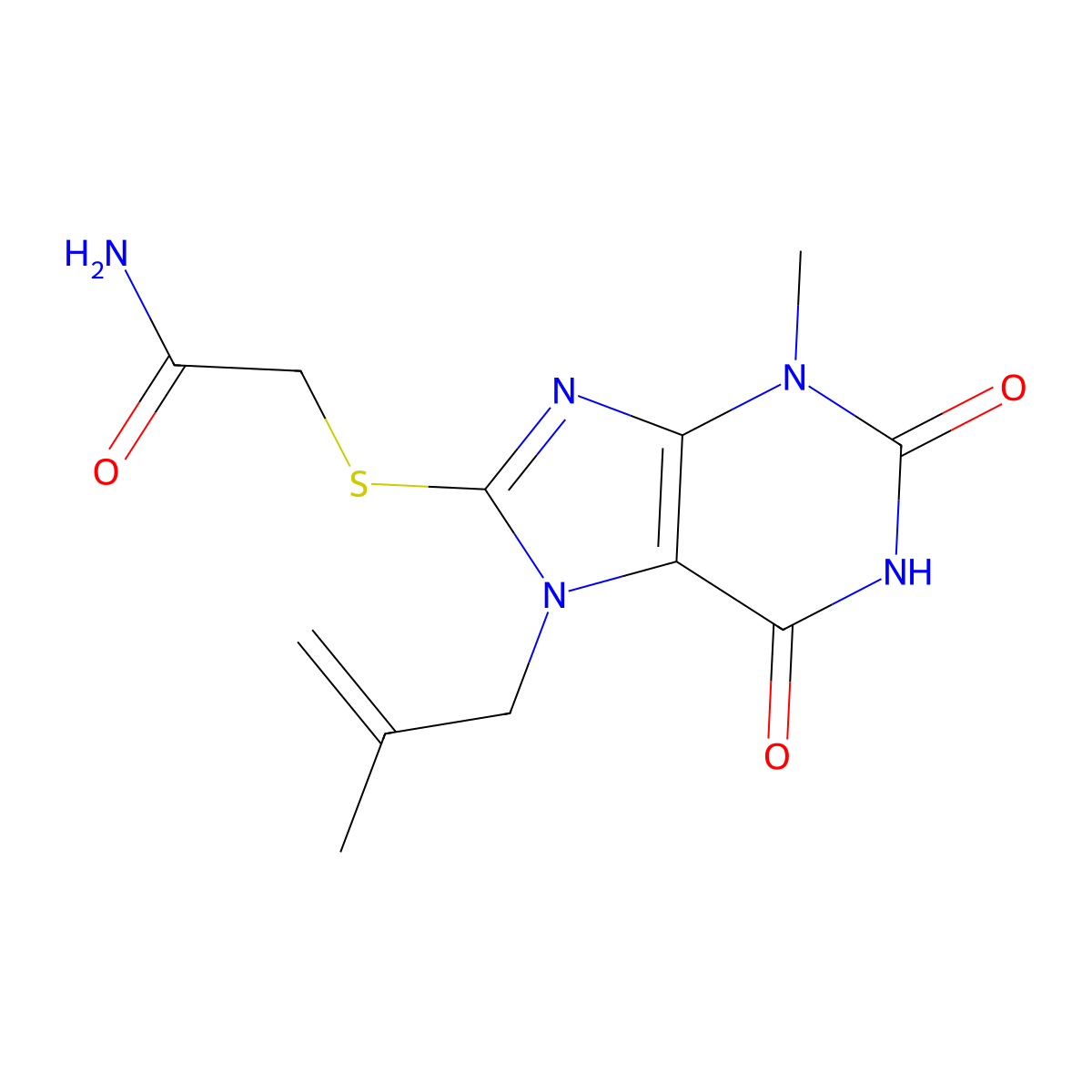 2-((3-methyl-7-(2-methylallyl)-2,6-dioxo-2,3,6,7-tetrahydro-1H-purin-8-yl)thio)acetamide molecular structure, CAS 332098-88-1