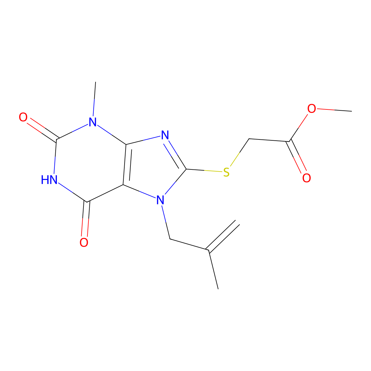 Methyl 2-[3-methyl-7-(2-methylprop-2-enyl)-2,6-dioxopurin-8-yl]sulfanylacetate molecular structure, CAS 332098-90-5