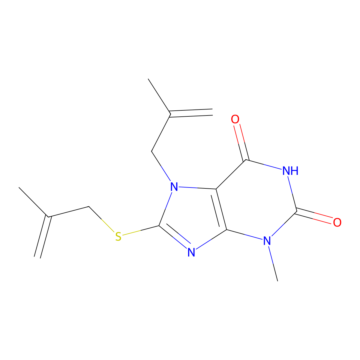 3-Methyl-7-(2-methylprop-2-enyl)-8-(2-methylprop-2-enylsulfanyl)purine-2,6-dione molecular structure, CAS 332098-92-7