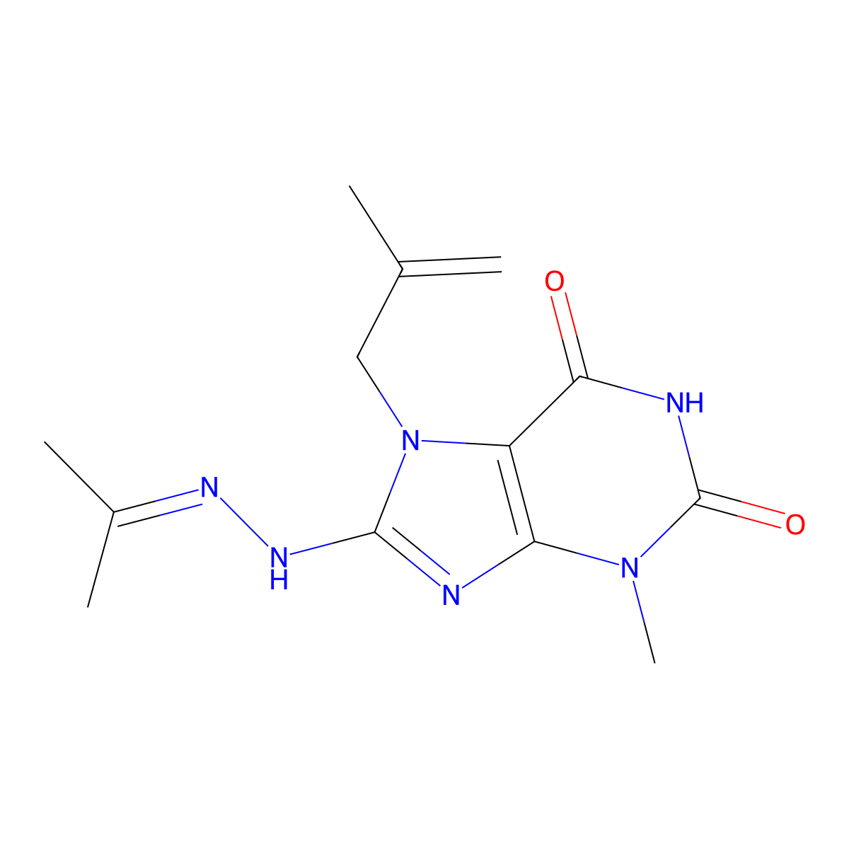 3-Methyl-7-(2-methylprop-2-enyl)-8-(2-propan-2-ylidenehydrazinyl)purine-2,6-dione molecular structure, CAS 332099-13-5