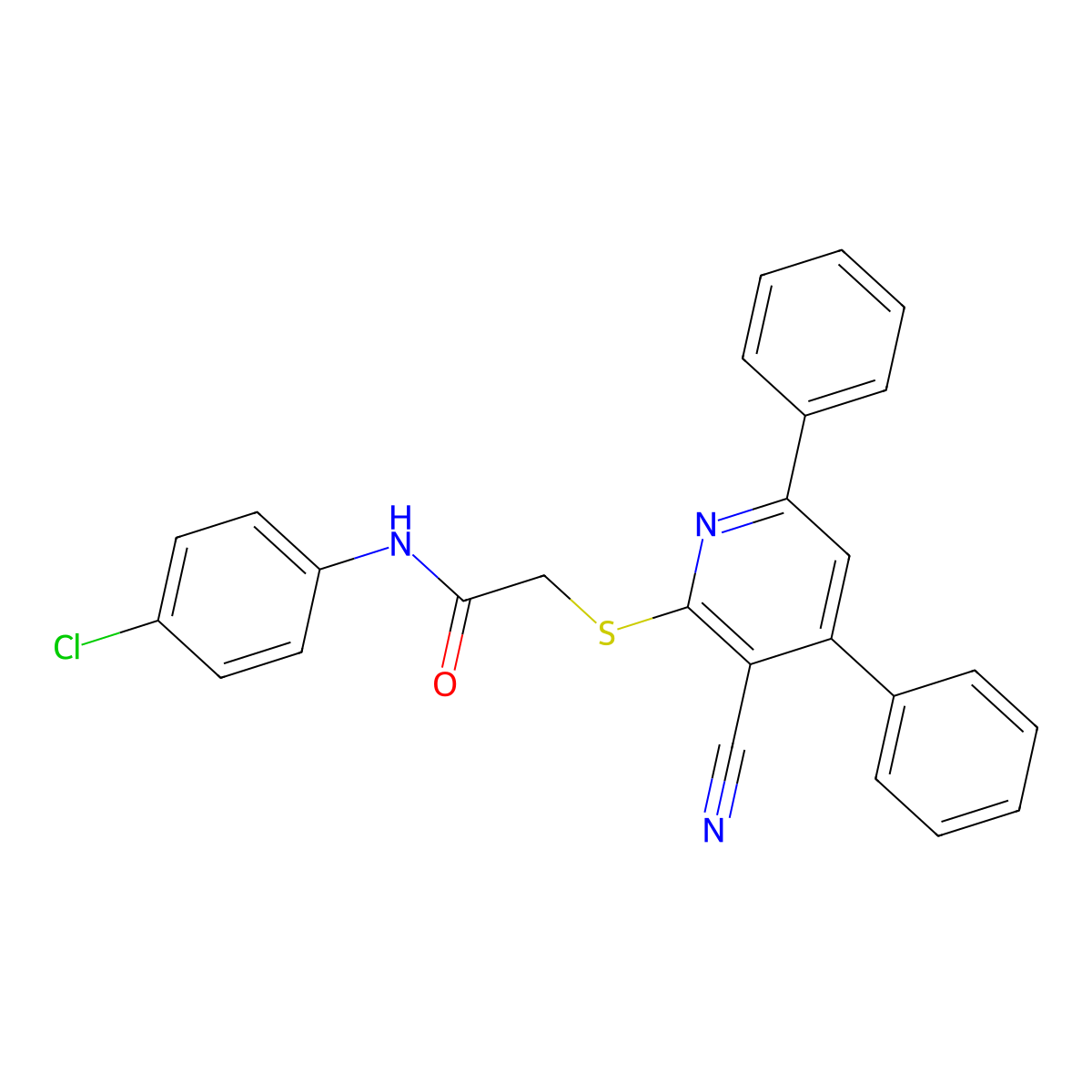 N-(4-Chlorophenyl)-2-((3-cyano-4,6-diphenylpyridin-2-yl)thio)acetamide molecular structure, CAS 332100-26-2