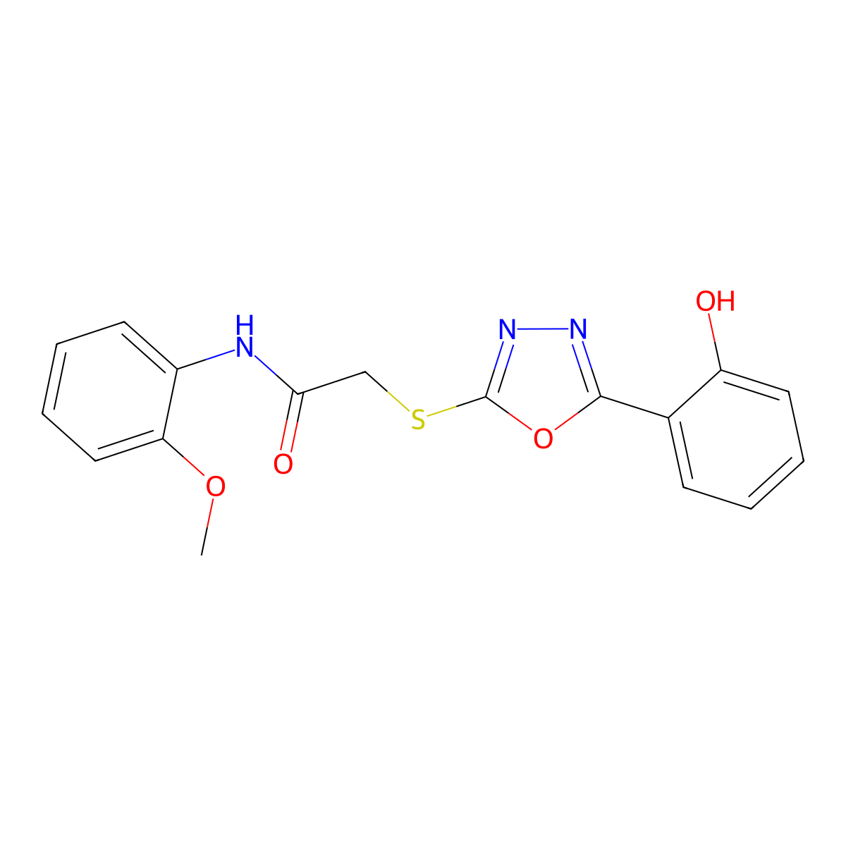 2-((5-(2-Hydroxyphenyl)-1,3,4-oxadiazol-2-yl)thio)-N-(2-methoxyphenyl)acetamide molecular structure, CAS 332100-31-9